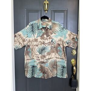 Caribbean Men’s Hawaiian Shirt Button-up Silk and Cotton Beige/Blue/Brown size L